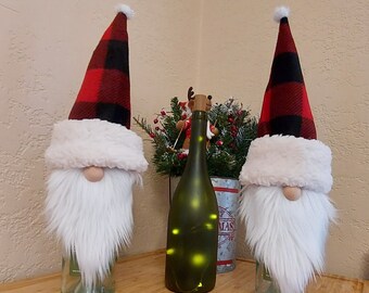 Handmade Gnome Wine Bottle Topper, Fleece Hat, Faux Fur Beard