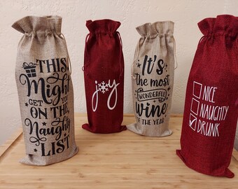 Christmas Burlap Wine Gift Bag, Holiday Hostess Present