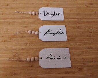 Personalized Wood Bead Gift Tag, White Ornament
