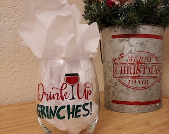 Stemless Wine Glass - Drink Up Grinches