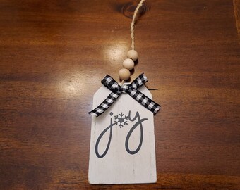 Distressed White Wooden Joy Ornament, Beaded Twine