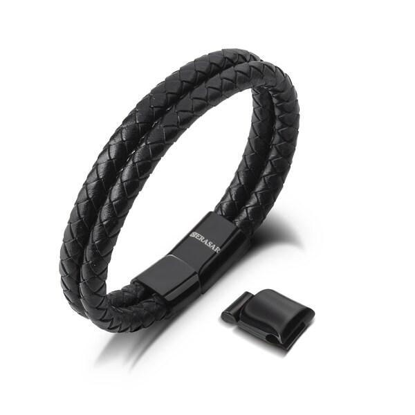 SERASAR | Bracelet en cuir pour homme "Double" en noir | Fermoir magnétique en acier inoxydable noir, argent et or | avec boîte à bijoux