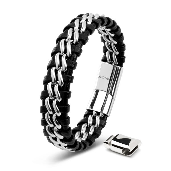 SERASAR | Lederarmband für Männer "Steel" in Schwarz | Magnetverschluss aus Edelstahl in Schwarz, Silber & Gold | Inklusive Schmuckschachtel