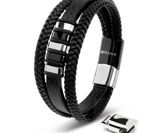 SERASAR | Leren armband voor heren "Glory" in zwart | Magneetsluiting van roestvrij staal in zwart, zilver en goud | Inclusief juwelendoosje