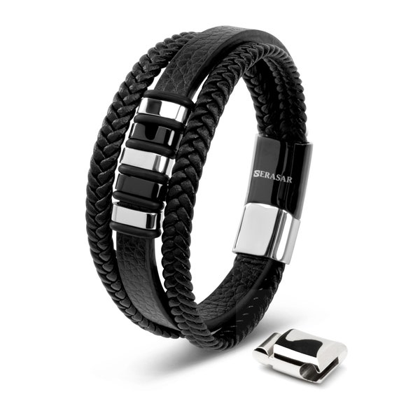 SERASAR | Bracelet en cuir pour homme "Glory" en noir | Fermoir magnétique en acier inoxydable noir, argent et or | Idée Cadeau