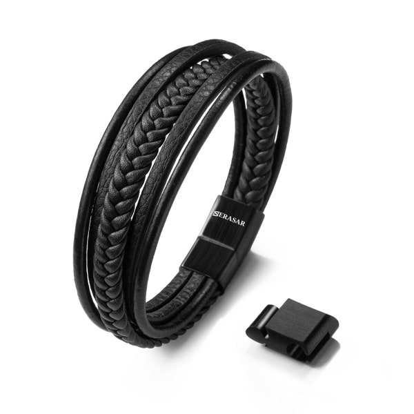 SERASAR | Bracelet en cuir pour homme "Braid" en noir et marron | Différentes longueurs | Fermoir magnétique en acier inoxydable