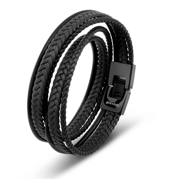 SERASAR | Bracelet en cuir pour homme en noir "Wrap" | Fermoir en acier inoxydable noir et marron | Y compris la boîte à bijoux