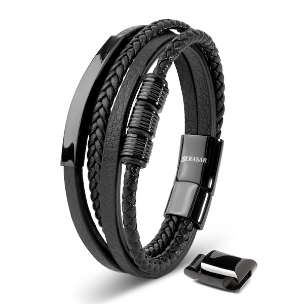 SERASAR | Pulsera de Cuero para Hombre "Brave" en Negro | Cierre Magnético de Acero Inoxidable en Negro, Plata y Oro | Incluyendo Joyero