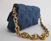 Blue Denim Quilted Shoulder Bag with Thick Chain Strap - Button - Inner Pocket - Luxury Designer Inspired - Streetwear - Spring Summer