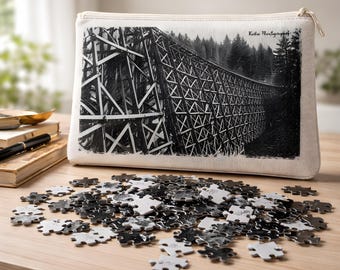 Train Trestle Puzzle (120 Piece) in Black & White with Zipper Canvas Bag