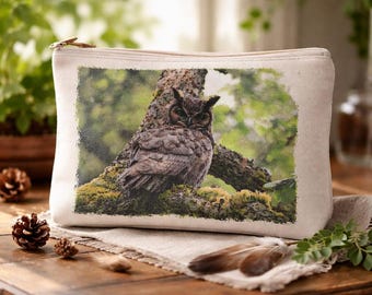 Great Horned Owl Accessory Bag (7x9.5") for Make-up, Toiletries, Pencils, Stationary and Poker Chips