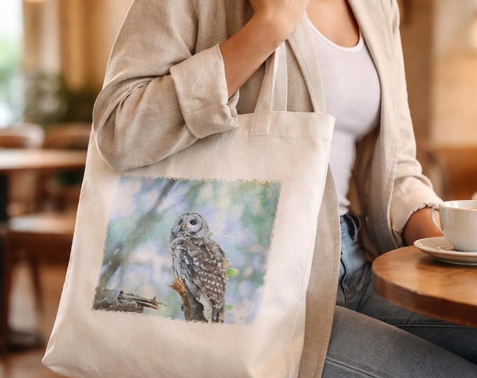Featured listing image: Barred Owl Canvas Tote Bag - Reusable gift for Wildlife Nature Lover, 14"x16"