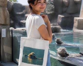 Sea Otter Baby Float Tote Bag Canvas 14"x16"