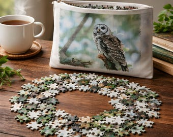 Puzzle for Owl Lover with Barred Owl and Matching Zipper Canvas Bag