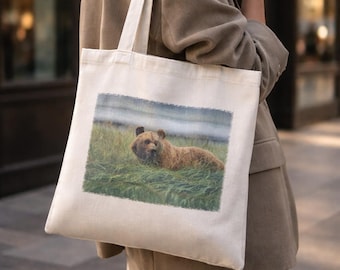 Grizzly Bear Canvas Tote Bag - Eco-Friendly, Durable & Stylish, 14"x16"