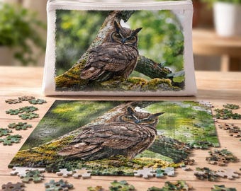 Puzzle for Owl Lover with Great Horned Owl and Matching Zipper Canvas Bag