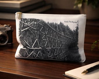 Train Trestle Accessory Bag (7x9.5") Black & White for Make-up, Toiletries, Pencils, Stationary and Poker Chips
