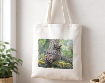 Great Horned Owl Canvas Tote Bag - Reusable gift for Wildlife Nature Lover, 14"x16"