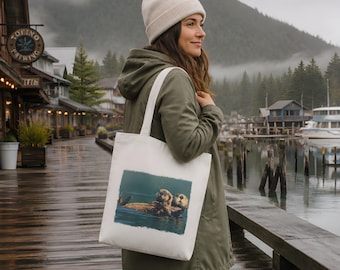 Mom & Baby Sea Otter Tote Bag Canvas 14"x16"