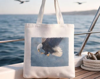 Bald Eagle Snack Canvas Eco Friendly Tote Bag, Wildlife Nature Lover Gift, 14"x16"