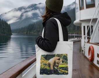 Sitting Baby Grizzly Tote Bag Canvas 14"x16"