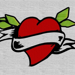 Op de afbeelding: Een rood hart met een witte banner eromheen gewikkeld. Het hart is zwart omrand en heeft aan beide kanten twee groene bladeren.