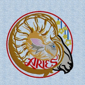 May include: A red circle with a gold outline surrounds a stylized ram's head with a gold and brown curly mane. The word "ARIES" is written in red below the ram's head.