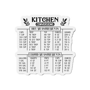 Può includere: Un adesivo bianco con una tabella di conversione da cucina e testo nero. L'adesivo elenca le misure secche e liquide, tra cui tazze, cucchiai, cucchiaini, once e grammi. Include anche galloni, quarti, pinte e tazze.