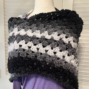 Black and White Rainbow Boucle Asymmetrical Shawl