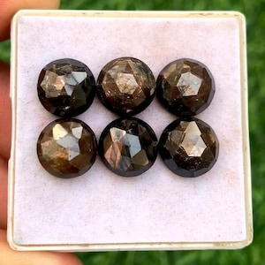 Peut inclure: Six pierres précieuses marron foncé, facettées, sont présentées dans un plateau blanc. Les gemmes rondes ont une surface polie et réfléchissante. Les facettes captent la lumière, créant un effet scintillant. Ces pierres sont adaptées à la joaillerie.