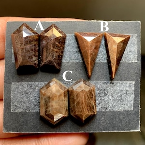 Peut inclure: Une collection de pierres précieuses brunes et facettées. L'image présente trois paires de pierres : deux hexagonales, deux triangulaires et deux de forme conique. Les pierres précieuses ont une surface polie, mettant en valeur leurs coupes complexes et leurs variations de couleur naturelles.