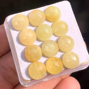 Könnte beinhalten: Elf facettierte, runde Edelsteine in Gelbtönen, präsentiert in einem transparenten Kunststoffbehälter. Die Edelsteine weisen polierte Oberflächen und geometrische Schnitte auf. Jeder Edelstein hat einen Durchmesser von etwa 1,27 cm, was einen subtilen Glanz erzeugt. Die Anordnung hebt ihre Farbvariationen hervor.