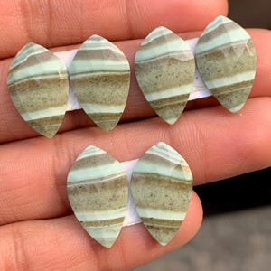 May include: Six marquise-cut gemstones with a layered design. The stones display alternating bands of pale green, brown, and white. The gemstones are faceted, providing a textured finish. The stones are held on a white strip.