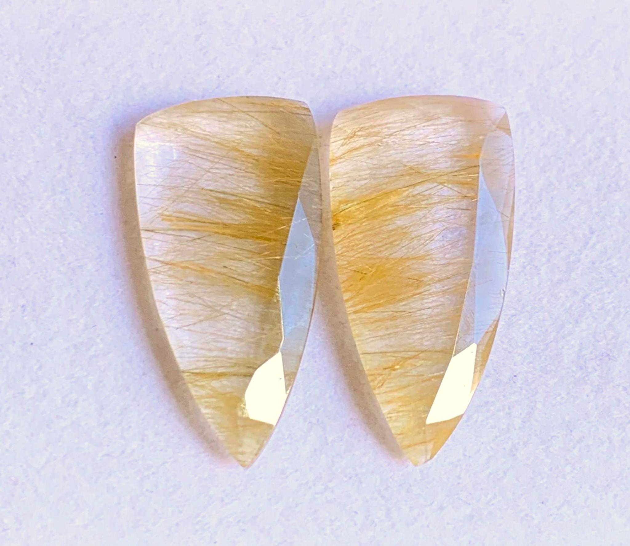 Rare Quality 100% Natural Golden Rutile Both Side Table Cut Shield Shape Pair Gemstone, 21.80 Weight 13X27 MM Size For Making Jewellery,