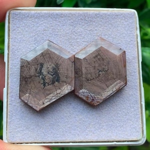 May include: Two hexagonal, faceted gemstones with a muted brownish-pink hue and visible internal dark inclusions. The stones are displayed side-by-side on a light grey, textured foam insert within a square container, showcasing their geometric shape.