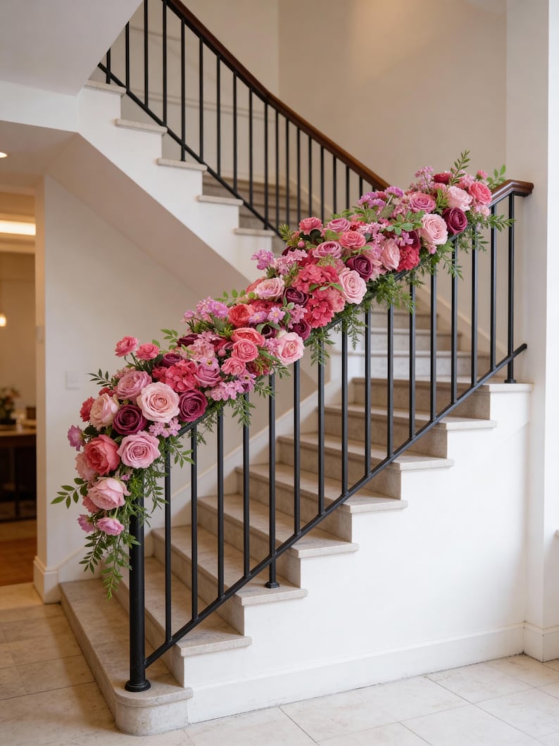 May include: A staircase with white steps and a black metal railing is adorned with a garland of pink and red roses, hydrangeas, and greenery. The floral arrangement cascades down the railing, creating a decorative and elegant display.