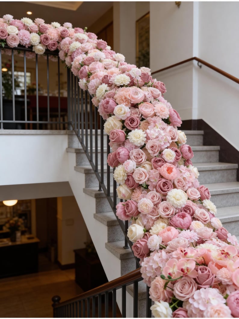 May include: A staircase railing adorned with a cascade of pink and white flowers. The arrangement features roses, peonies, and other blooms in varying shades of pink, creating a romantic and elegant display. The flowers are arranged to flow down the staircase.
