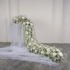Baby's Breath White Rose Flower Garland,Flower Table Runner,Flower Runner,Table Centerpiece,Wedding Arrangement,Wedding Party Decor