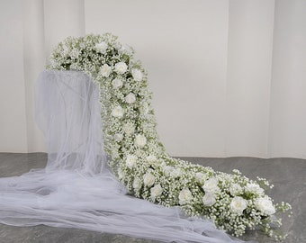 Baby&#39;s Breath White Rose Flower Garland,Flower Table Runner,Flower Runner,Table Centerpiece,Wedding Arrangement,Wedding Party Decor