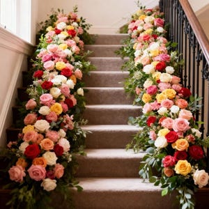 May include: A staircase decorated with vibrant floral arrangements. The flowers, in shades of red, pink, yellow, and white, cascade down the sides of the stairs, creating a colorful and elegant display. Green foliage complements the blooms.