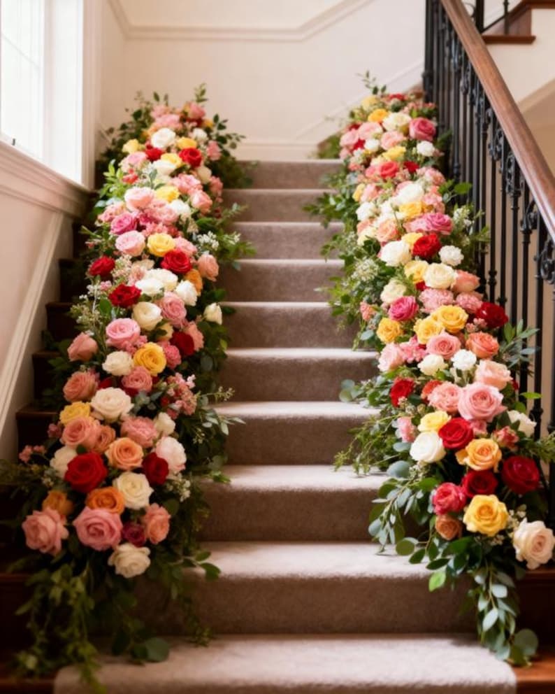 May include: A staircase decorated with vibrant floral arrangements. The flowers, in shades of red, pink, yellow, and white, cascade down the sides of the stairs, creating a colorful and elegant display. Green foliage complements the blooms.