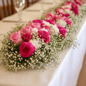White Baby&#39;s Breath Hot Pink Rose Flower Runner,Wedding Table Floral Flower Runner,Wedding Flower Arch,Table Flower Runner,Head Table Decor