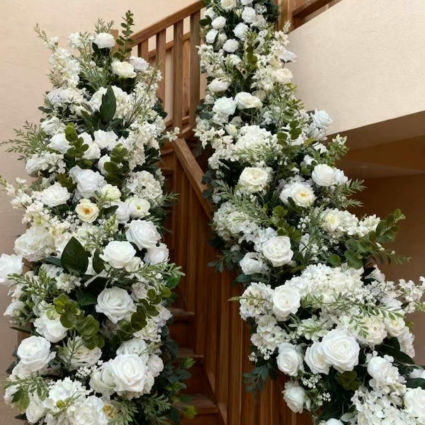 Weiße Rose Pfingstrose Blumengirlande, Hochzeitsfeier Dekor, Treppe Floral, Hochzeitsblumen Reihe Arrangement