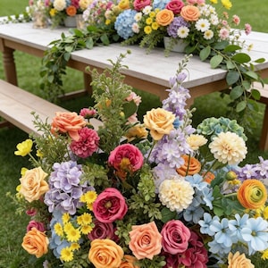 Puede incluir: Un vibrante arreglo floral con rosas, hortensias y margaritas en tonos naranja, rosa, amarillo y azul. Las flores están dispuestas en un recipiente blanco y sobre una mesa de madera, creando una exhibición colorida.