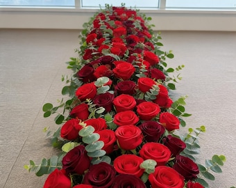 Burgundy Red Table Flower Runner, Artificial Silk Floral Arrangement, Wedding Decor,Red Flower Garland,