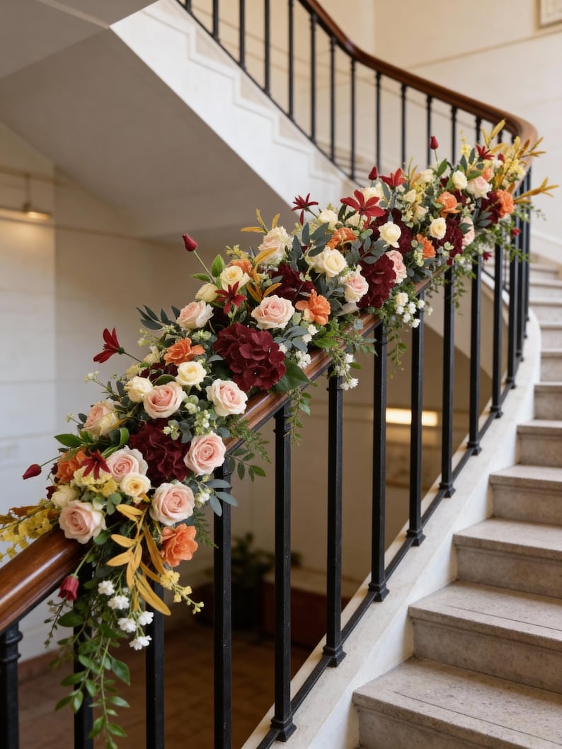 May include: A staircase with a floral garland. The garland features roses, hydrangeas, and other flowers in shades of pink, orange, burgundy, and cream. The staircase has a dark wooden handrail and black metal balusters.