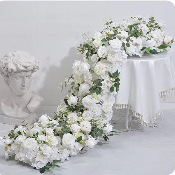 White Rose Flower Garland,Wedding Reception Table Runner,Table Centerpiece,Silk Flower Runner,Wedding Aisle,Wedding Arch Flowers