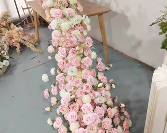 Pink White Rose Flower Garland,Wedding Flower Runner,Wedding Flowers Arch,Table Centerpiece,Wedding Arrangement,Aisle Runner,Flower Row