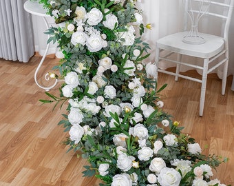 Eucalyptus Greenery White Rose Garland,Wedding Table Runner,Table Flower Runner,Silk Flower Runner,Arrangement Flower,Wedding Arch Flowers