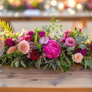 Caminho de mesa floral, flores para corredor de casamento, centro de mesa de casamento, decoração para festa de aniversário de casamento